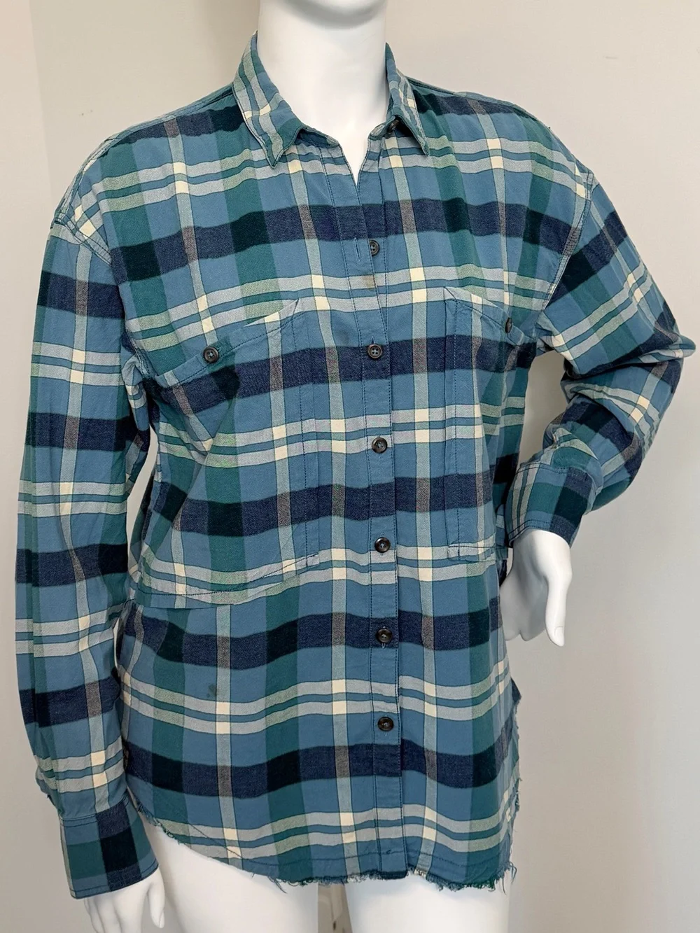Free People Women’s Plaid Button Up Shirt L Blue Green Raw Hem Boho Rayon Cotton